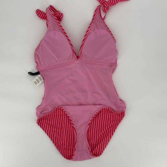 Ellen Tracy Pink Red Striped Swimsuit Size 10 One Piece Ruched Lined Padded - Picture 6 of 9